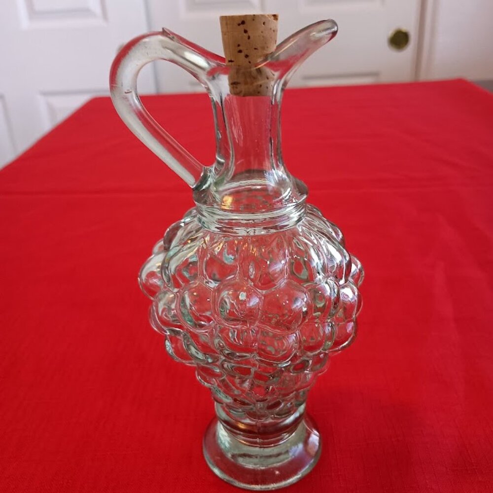 Vintage Glass Grape Cluster Oil/Vinegar Cruet, Light Green Clear Glass